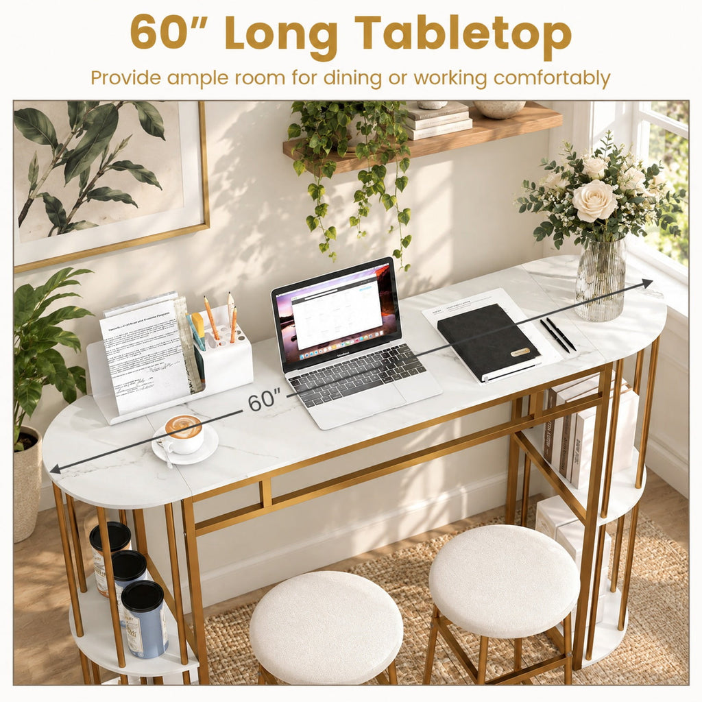 Airfind 60 Inch Long Bar Table Narrow with Faux Marble Tabletop and Storage Shelves, 135 lbs Capacity, Metal Engineered Wood Frame, White