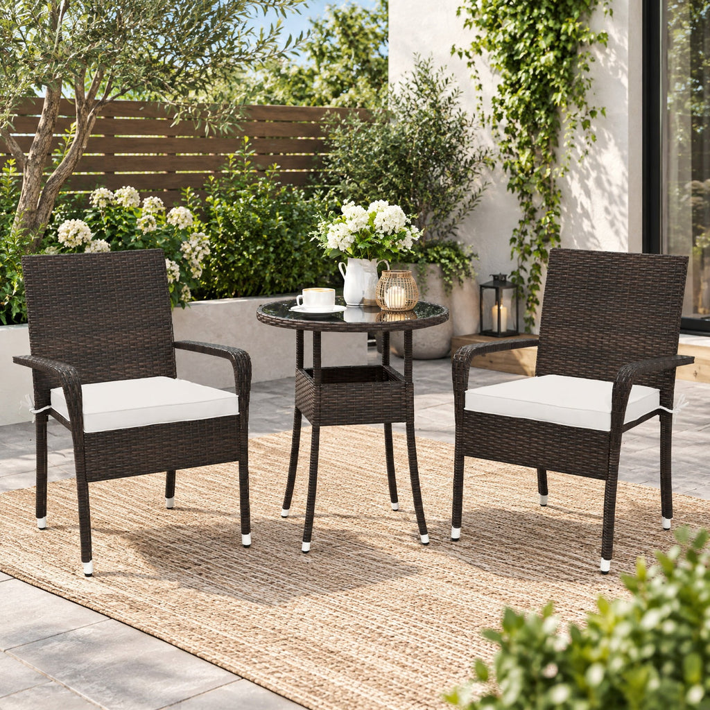 Airfind 3-Piece Patio Furniture Set PE Rattan Wicker Chairs with Tempered Glass Top Table, PE Rattan Metal Polyester Sponge Frame, White