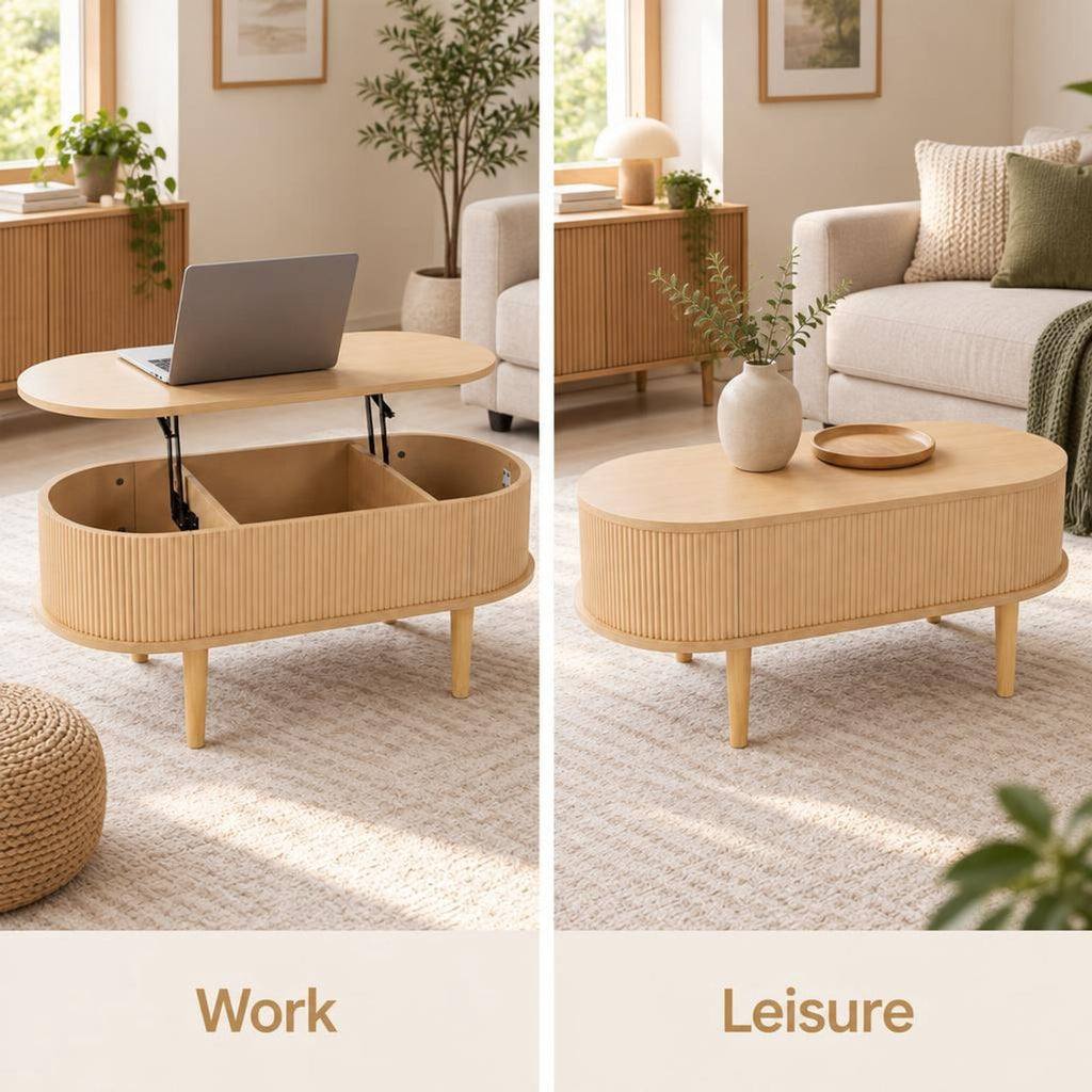 Airfind 43.5 Inch Oval Lift Top Coffee Table with Storage and Fluted Design for Living Room, 200 lbs Capacity, Engineered Wood Solid Wood Frame, Natural
