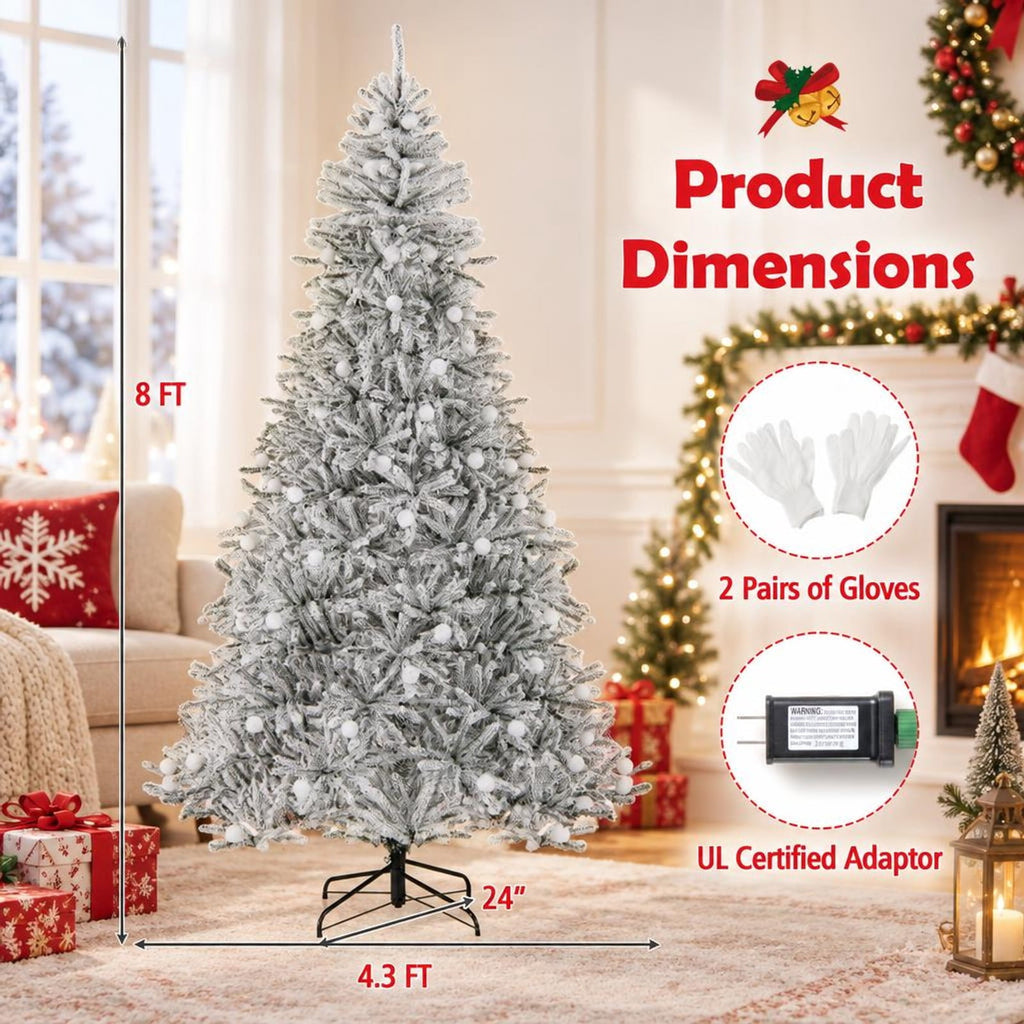 Airfind 8 Feet Snow-flocked Artificial Christmas Tree Pre-lit Hinged with 81 Sphere Lights and Remote, Green White