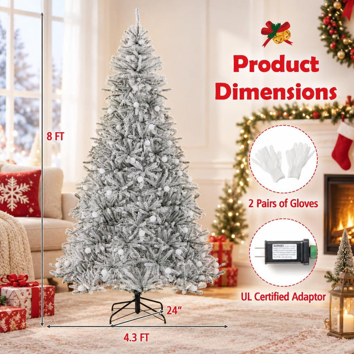 Airfind 8 Feet Snow-flocked Artificial Christmas Tree Pre-lit Hinged with 81 Sphere Lights and Remote, Green White