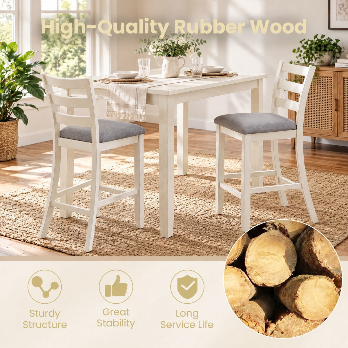 Airfind Counter Height Chairs with Fabric Seat and Rubber Wood Legs, 330 lbs Capacity, Linen Fabric Sponge Rubber Wood Plywood Frame, Beige