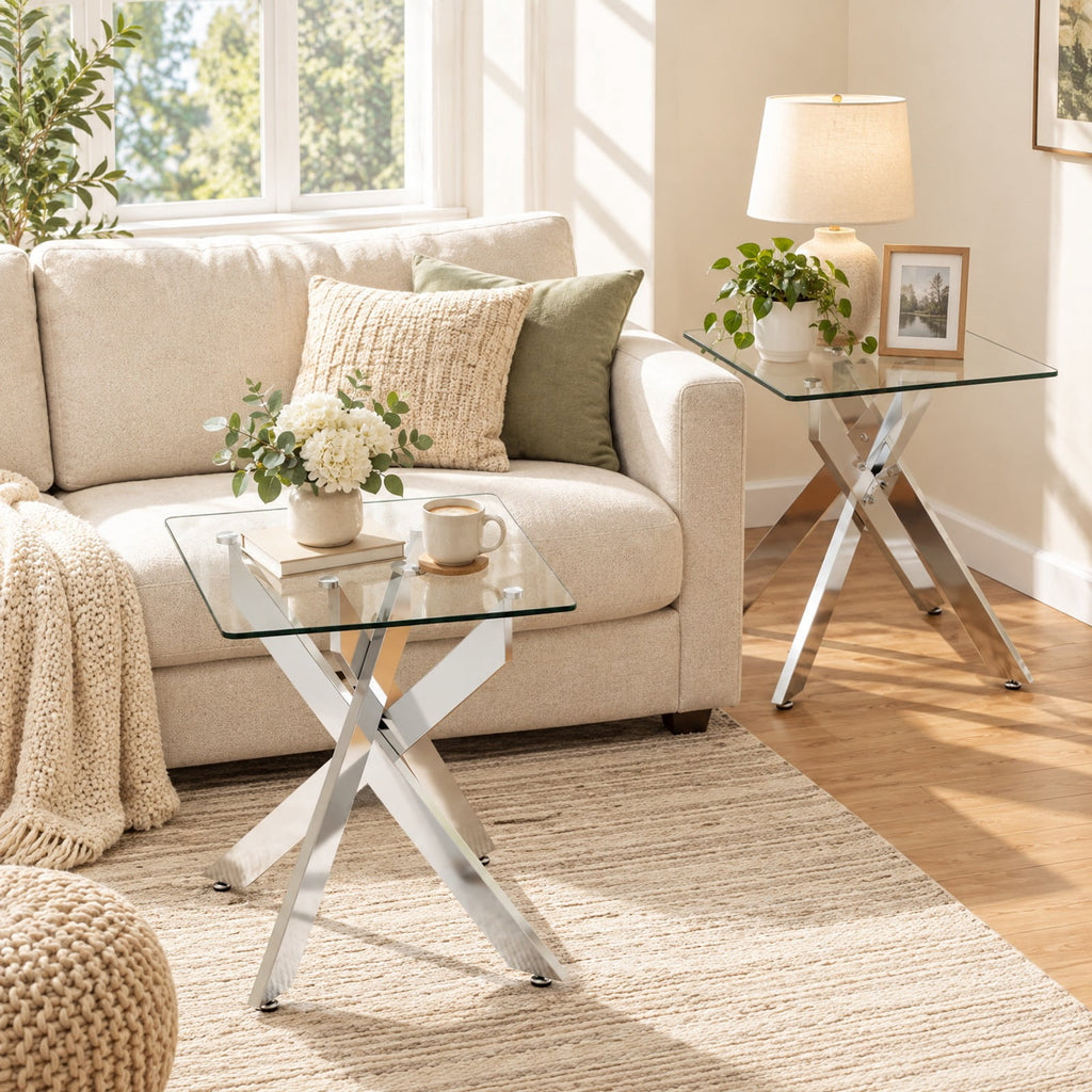 Airfind Glass Side Table Square End Table with Tempered Glass Top and Metal X Base, 20 Inch x 20 Inch x 22.5 Inch Load Footprint, Silver