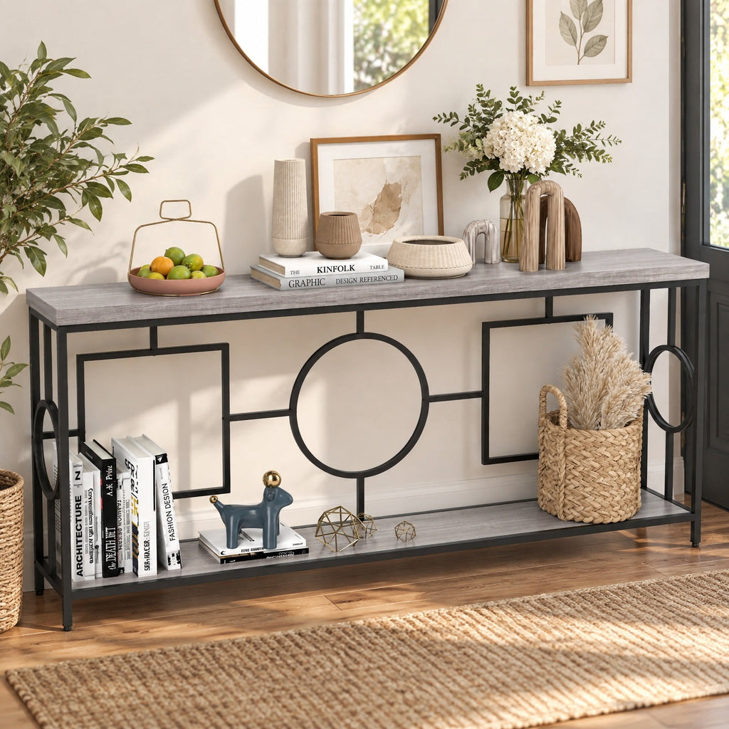 Airfind 2-Tier Faux Marble Top Console Table with Storage Shelf for Hallway, 110 lbs Capacity, MDF Metal Frame, Brown