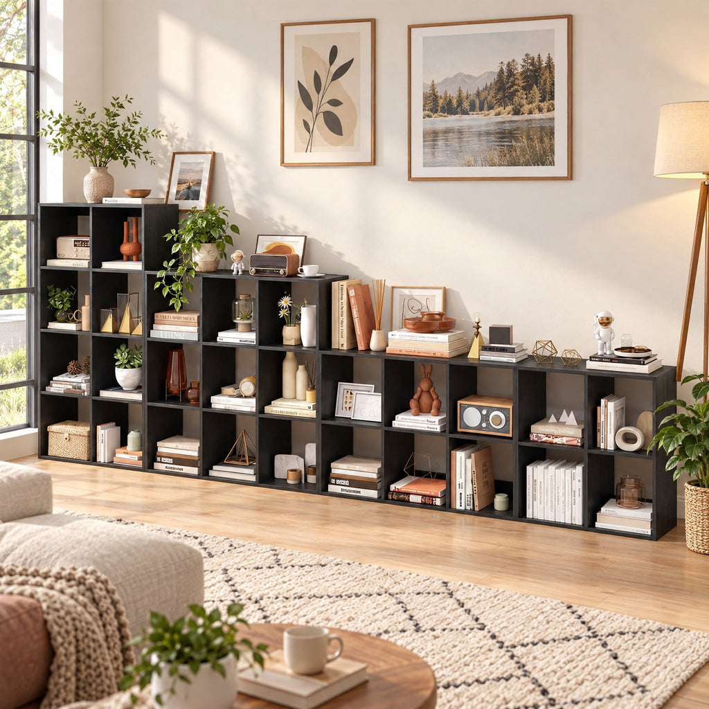 Airfind 4 Cube Bookshelf with Back Guardrail for Living Room Bedroom, 100 lbs Capacity, Engineered Wood Frame, 27.5 x 13 x 27.5 Footprint, Black