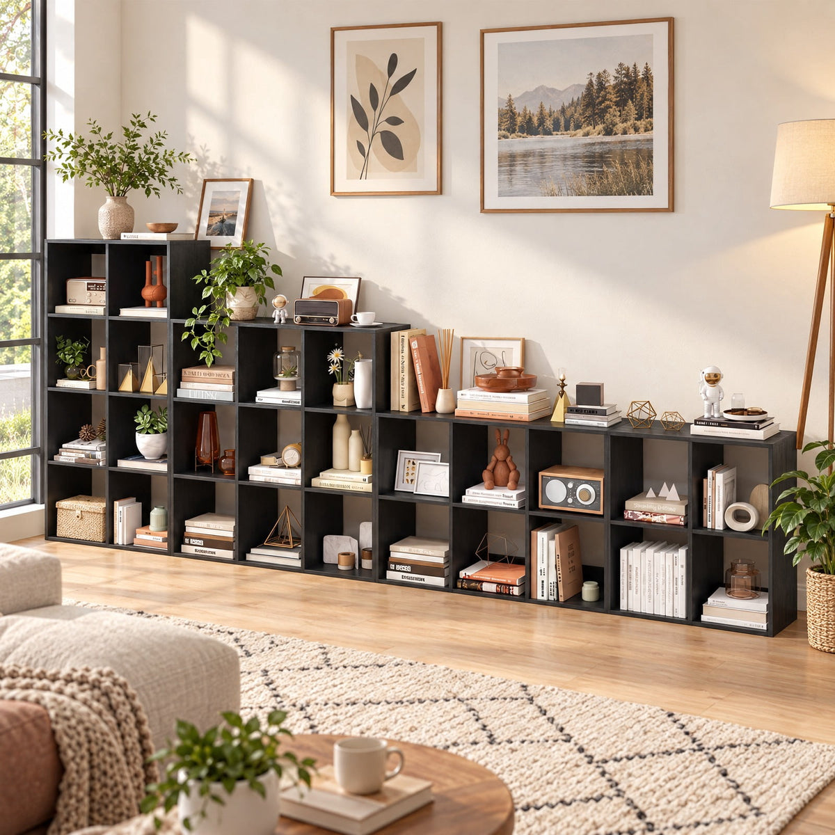 Airfind 4 Cube Bookshelf with Back Guardrail for Living Room Bedroom, 100 lbs Capacity, Engineered Wood Frame, 27.5 x 13 x 27.5 Footprint, Black