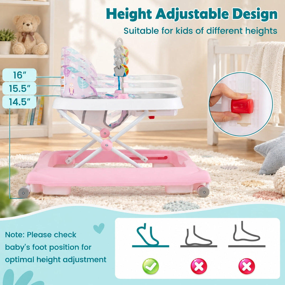 Airfind Foldable Youth Walker featuring Removable Seat and Adjustable Height for 6-12 Months, 26 lbs Capacity, PP Frame, for 6-12 Months Old, Pink