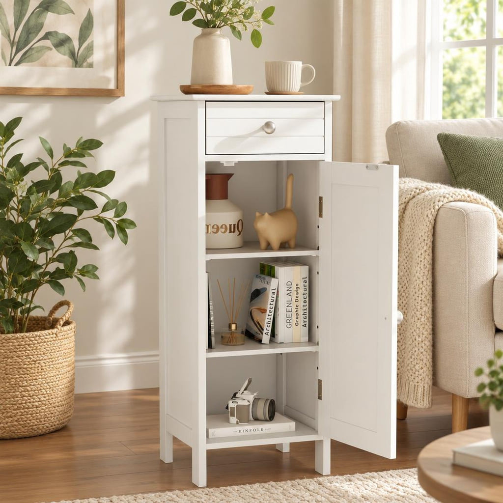 Airfind Wooden Storage Free-Standing Floor Cabinet with Drawer and Shelf, 132 lbs Capacity, MDF Frame, 14in x 12in x 34.5in Footprint, White
