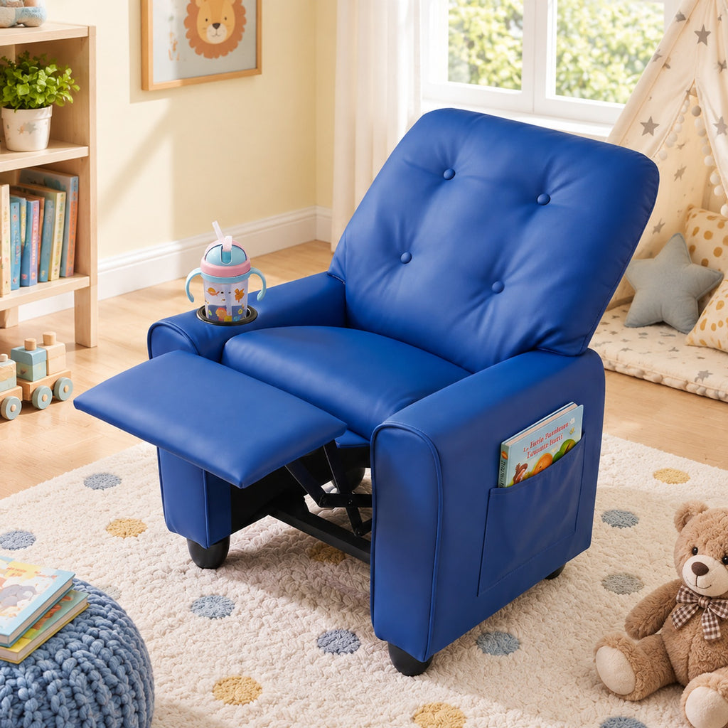 Airfind Youth Recliner Chair with Cup Holder, Side Pocket and Push-back Footrest, PU Upholstery, 24 x 21 x 30 in for Everyday Use, Blue