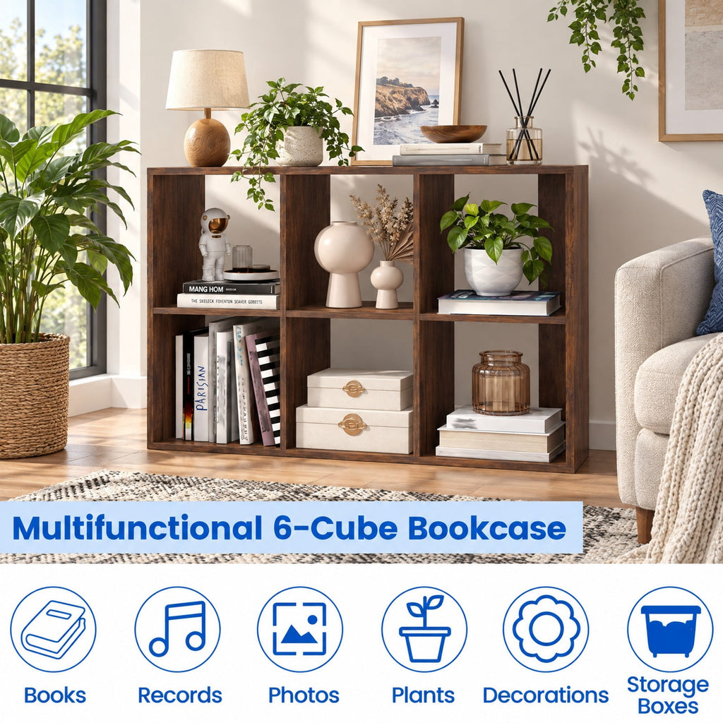 Airfind 6 Cube Bookshelf with Back Guardrail for Living Room Bedroom, 154 lbs Capacity, Engineered Wood Frame, 41 Inch x 13 Inch x 27.5 Inch Footprint, Brown