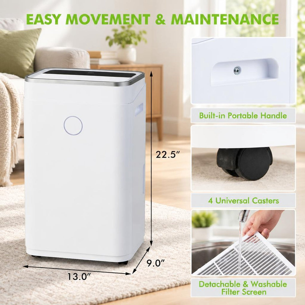 Airfind 60-Pint Dehumidifier for Home and Basements 4000 Sq. Ft with 3-Color Digital Display, ABS Frame, 13 x 9 x 22.5 Footprint, White