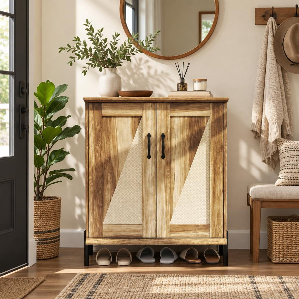 Airfind 5-Tier Wooden Farmhouse Shoe Cabinet with Woven Rattan Doors, 110 lbs Capacity, Engineered Wood MDF Metal PVC Frame, Natural
