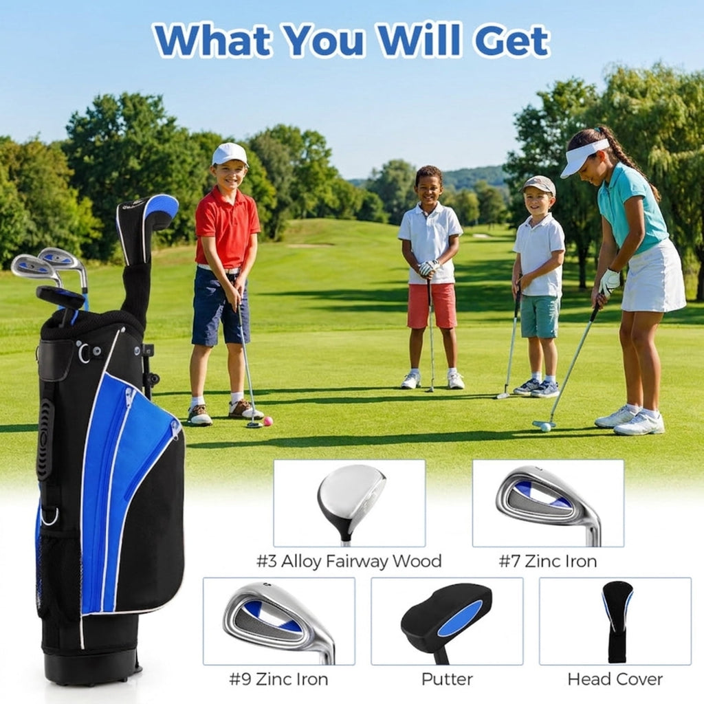 Airfind Children Golf Club Set for Ages 5 to 7 with 4 Lightweight Fiberglass Pieces and Portable Stand Bag, Blue