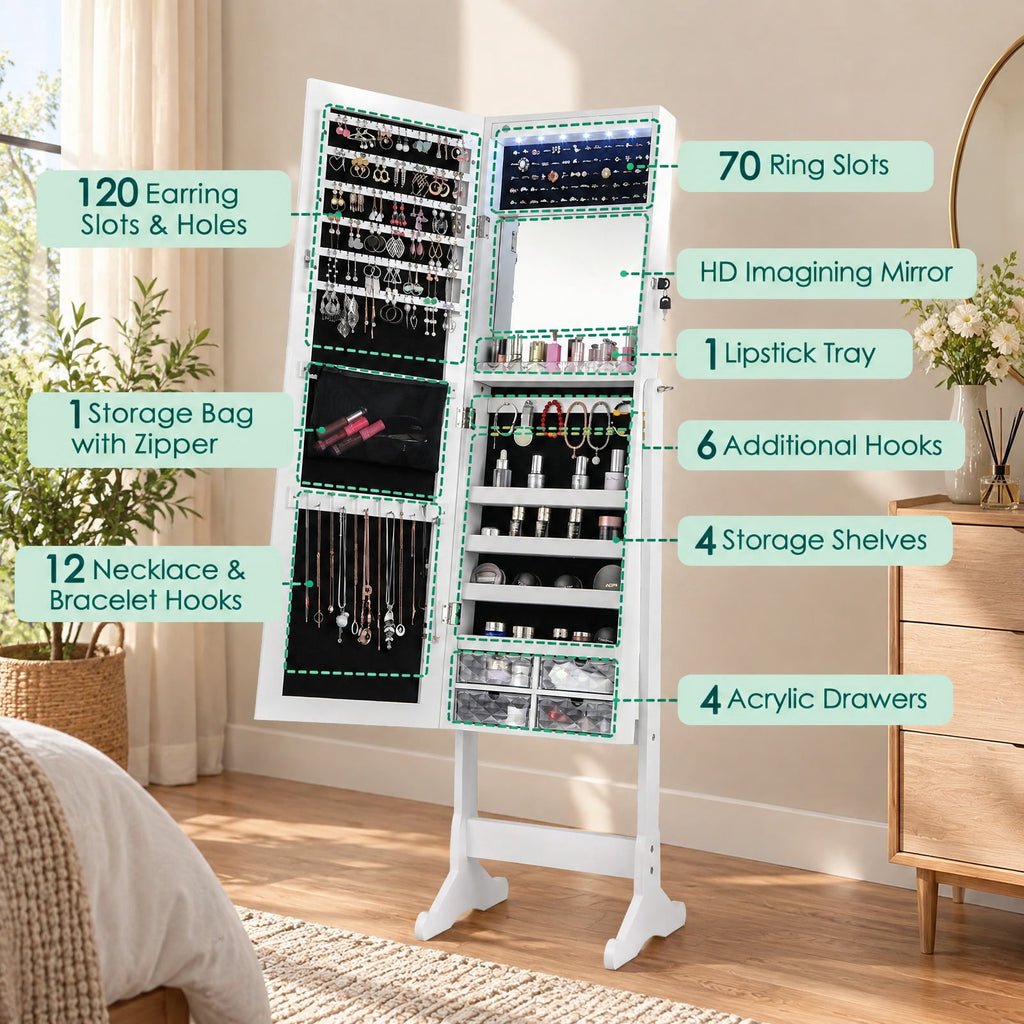Airfind Free Standing Full Length Jewelry Armoire with LED Lights, P2 MDF Glass Plastic Acrylic Frame, 101in x 72in x 72in Footprint, White