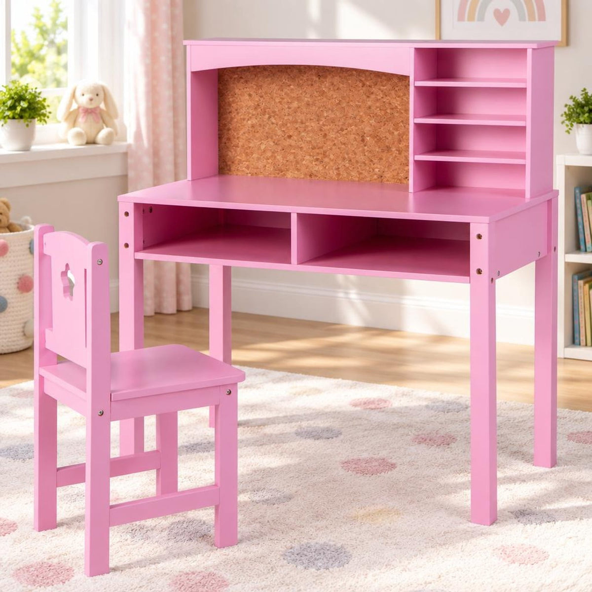 Airfind Kids Desk and Chair Set with Hutch and Bulletin Board for 3+ Kids, MDF Pine Wood Frame, 31 x 15.5 x 33.5 Footprint, Pink