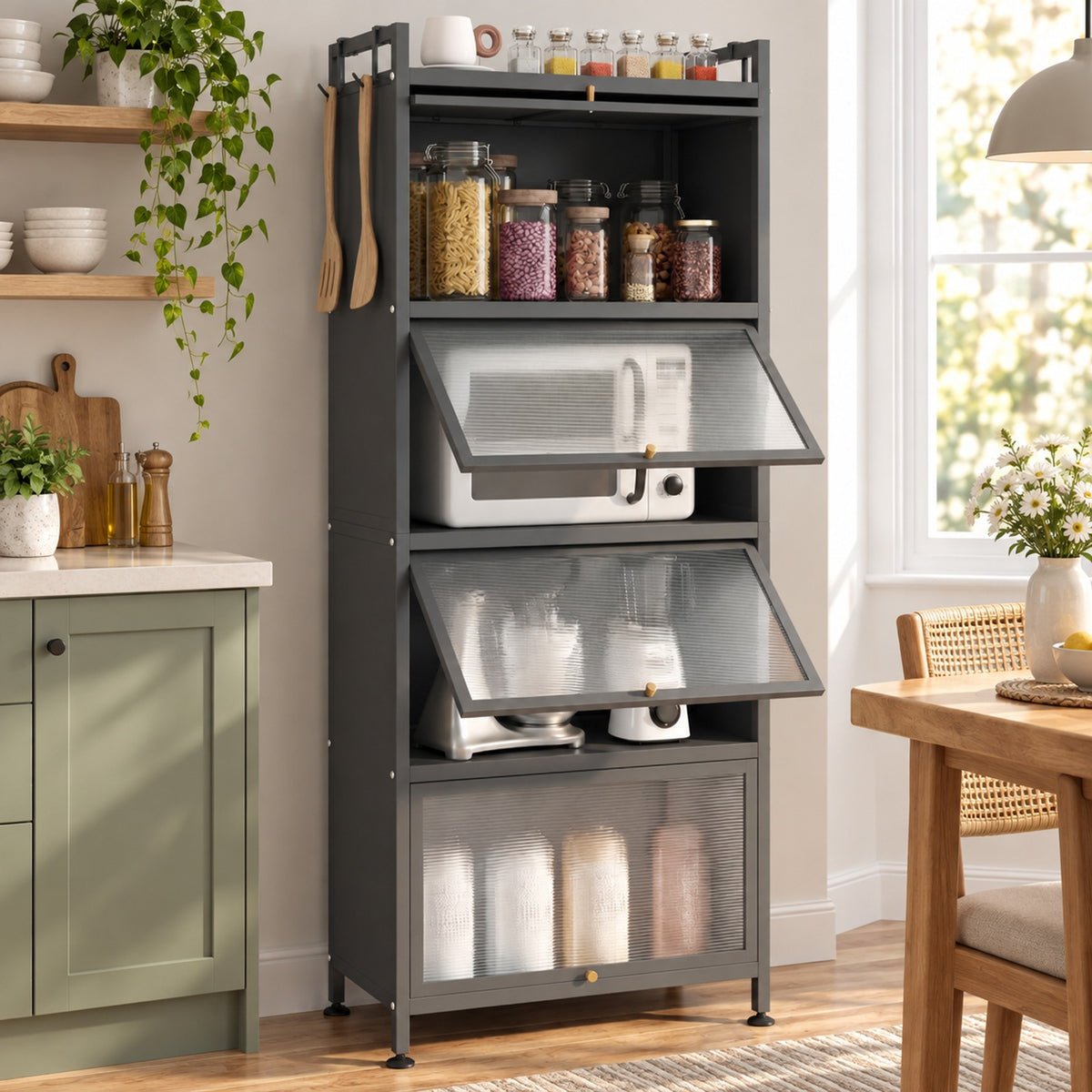 Airfind 5-Tier Kitchen Bakers Rack with Flip-up PC Doors, tier 33 lbs Capacity, Metal PC PP Gray Frame, 23.5 x 12.5 x 60.5 Footprint, Gray