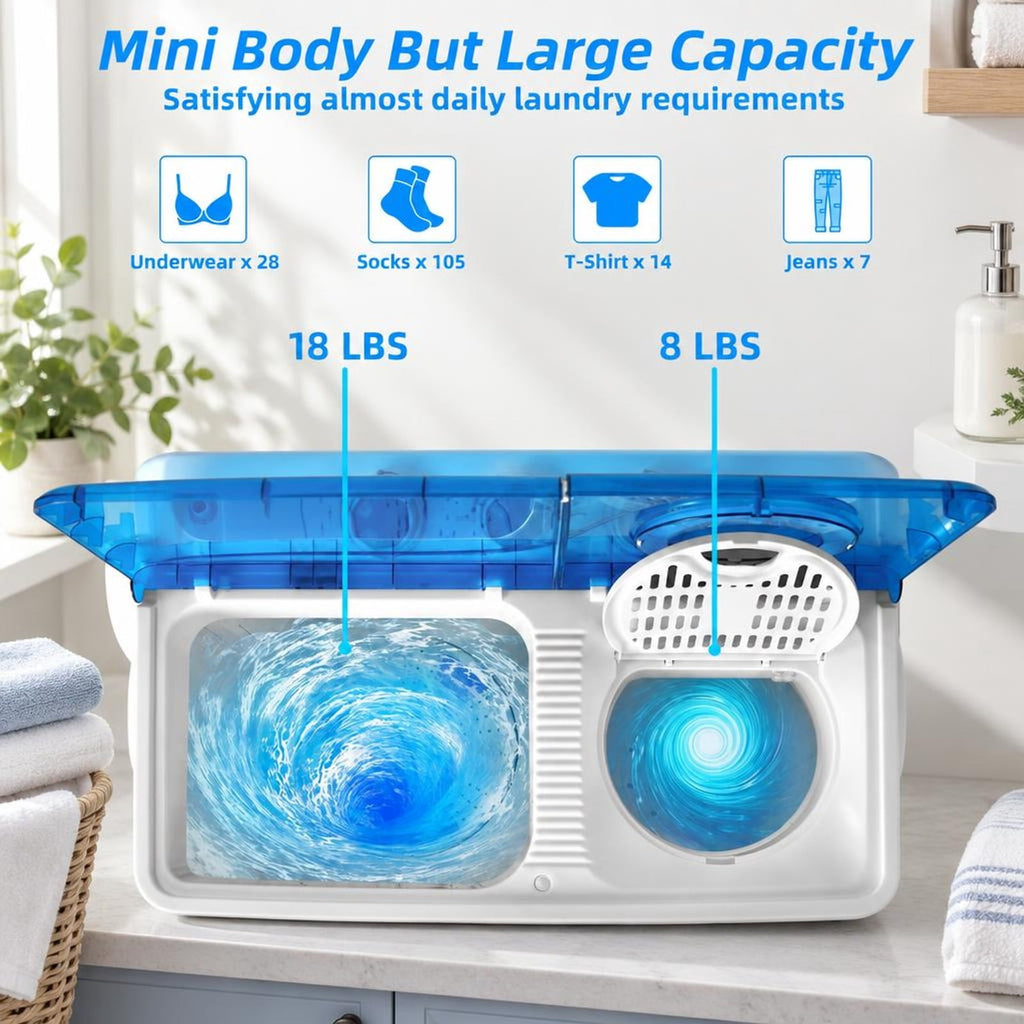 Airfind 26lbs Portable Semi-Automatic Twin Tub Washing Machine with Drain Pump, PP ABS Rated Frame, 27.5 x 16 x 32 Footprint, Blue