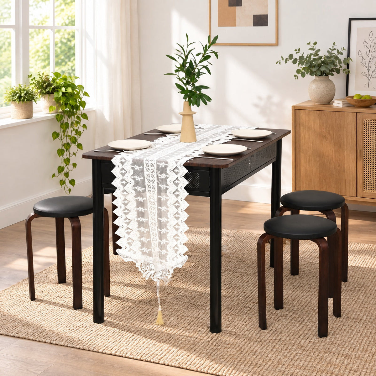 Airfind Set of 4 Bentwood Round Stool Stackable Dining Chairs with Padded Seat, Birch PU leather sponge Frame, 15 x 15 x 18.5 Footprint, Black