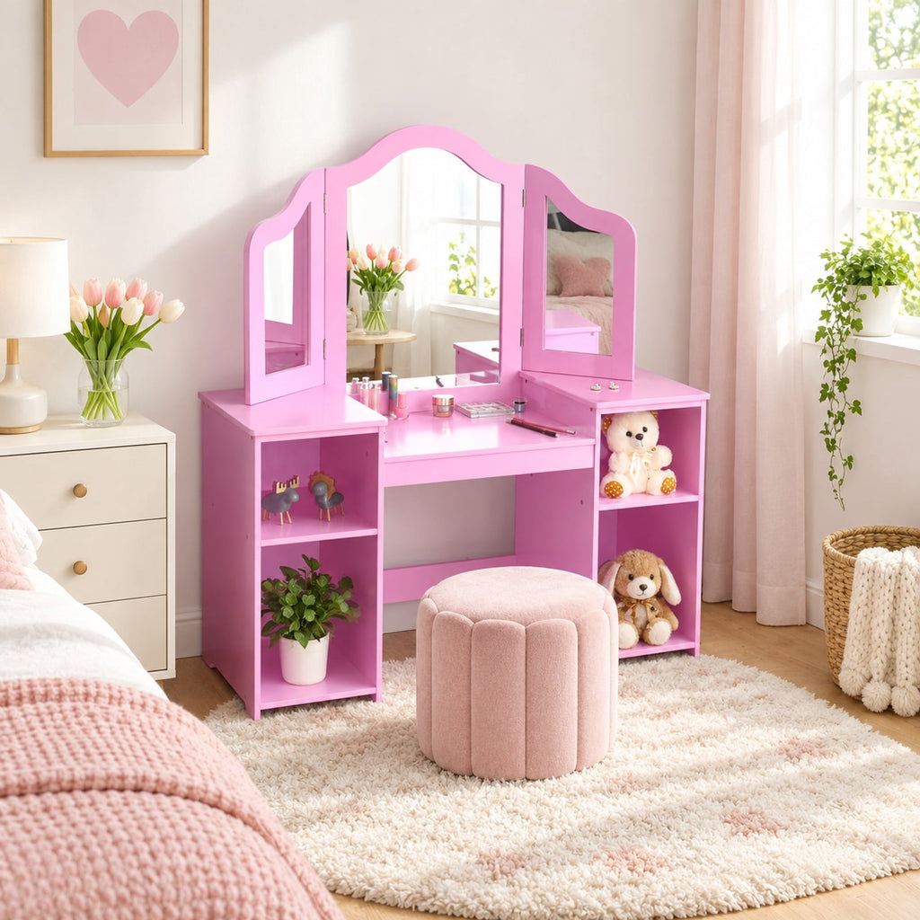Airfind Kids Tri Folding Mirror Makeup Dressing Vanity Table Set, 220 lbs Capacity, MDF Plastic mirror Weight: 45 lbs Frame, Pink
