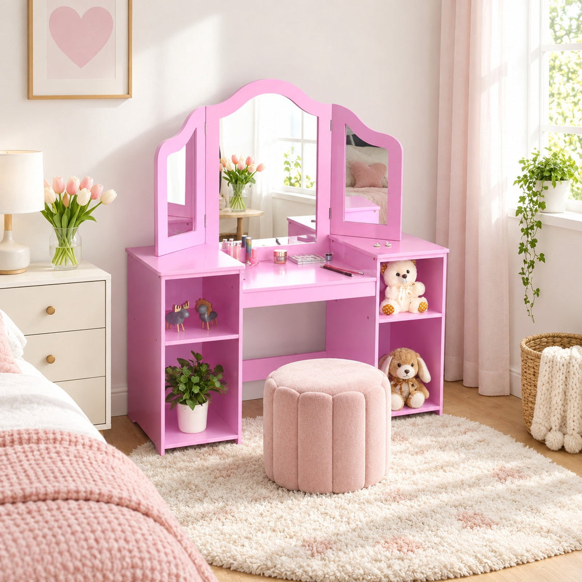 Airfind Kids Tri Folding Mirror Makeup Dressing Vanity Table Set, 220 lbs Capacity, MDF Plastic mirror Weight: 45 lbs Frame, Pink