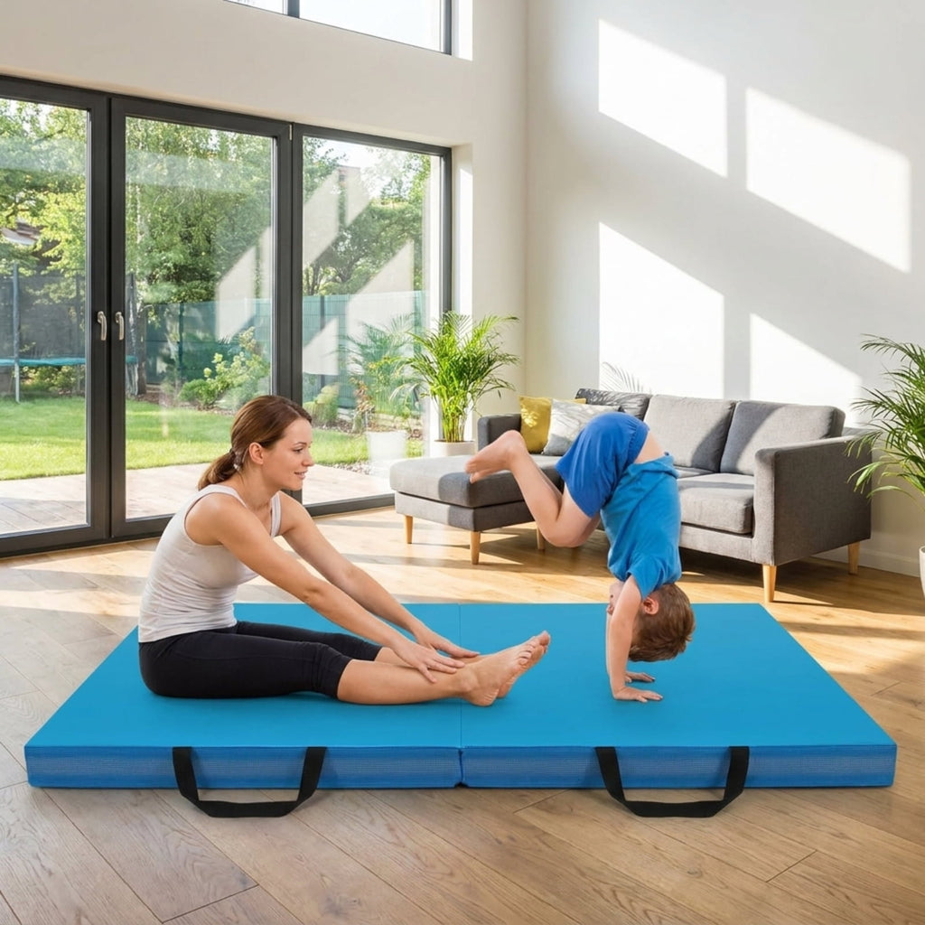 Airfind 4 x 4 FT Bi-Folding Gymnastic Tumbling Mat with Carry Straps and Washable Cover, 4 Inch Thick Foam Exercise Mat, Blue