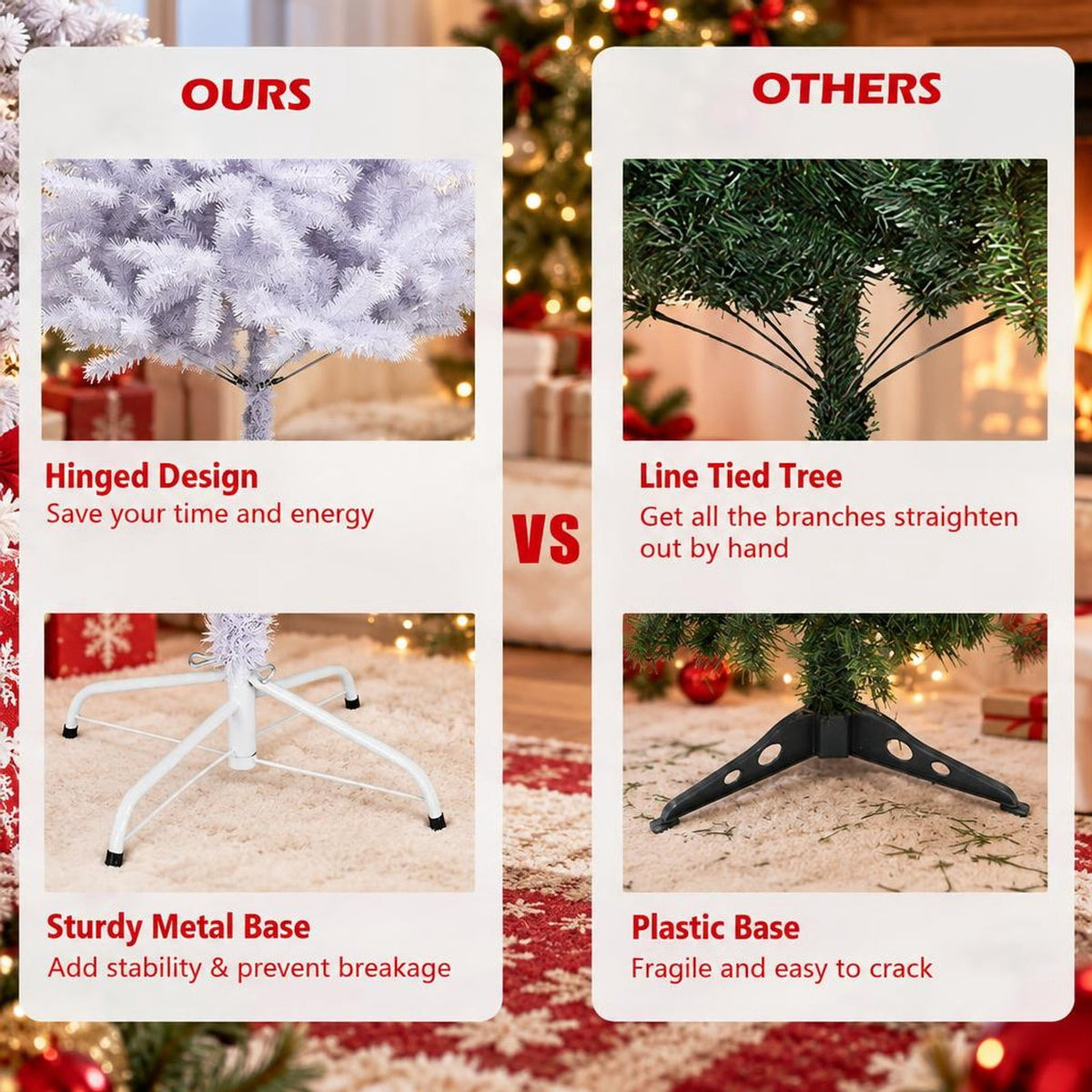 Airfind 6 / 7.5 / 9 Hinged Artificial Christmas Tree with Metal Stand-9 ft, PVC iron Frame, φ 3.8 ft x 6 ft Footprint, White