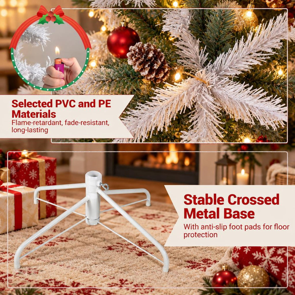 Airfind Pre-Lit Artificial Christmas Tree with Snow Flocked Branch Tips, PVC PE Metal Frame, 3.8 x 6 ft Footprint, White+Lake Blue