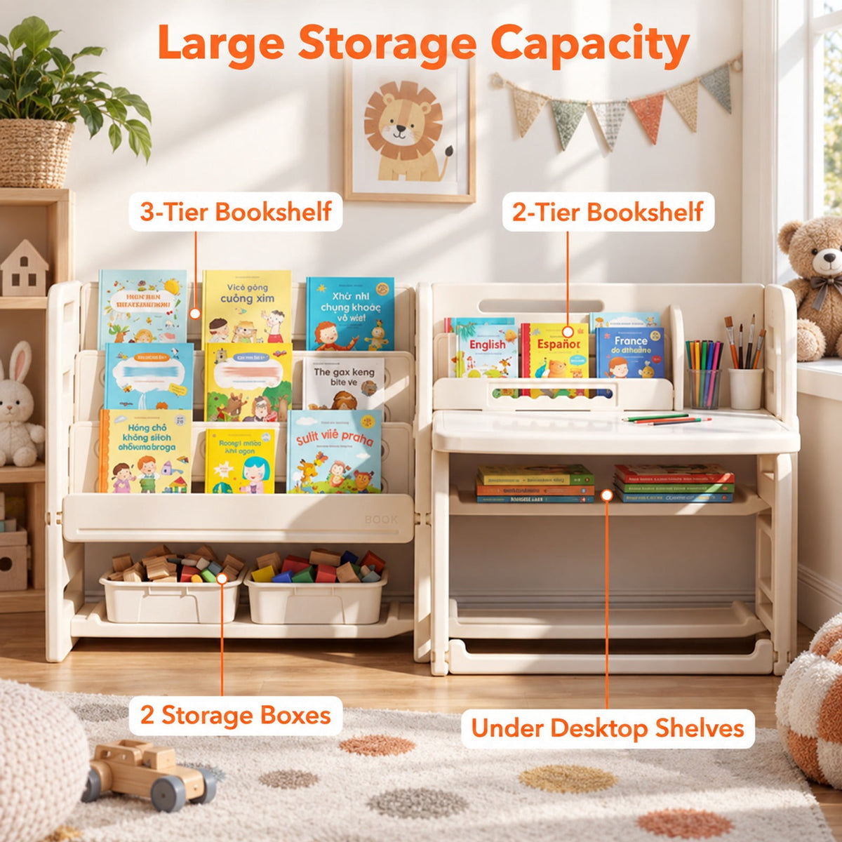 Airfind Kids Writing Desk and Chair Set with Side Bookshelves, 44 lbs Capacity, HDPE Frame, 53 Inch x 20 Inch x 27 Inch Footprint, White