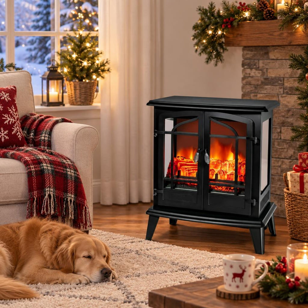 Airfind 25 Inch Freestanding Electric Fireplace Heater with Realistic Flame effect, Iron Frame, 25in x 15in x 28.5in (L x W x H） Footprint, Black