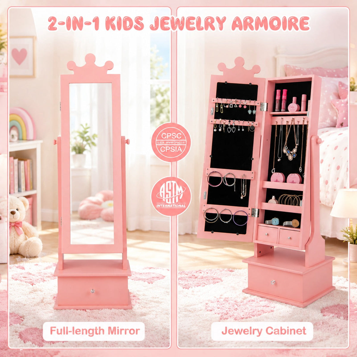 Airfind 2-in-1 Kids Play Jewelry Armoire with Full Length Mirror and Drawers, MDF Glass Frame, for 3+ Years Old, 13.5 x 12 x 40.5/44.5 Footprint