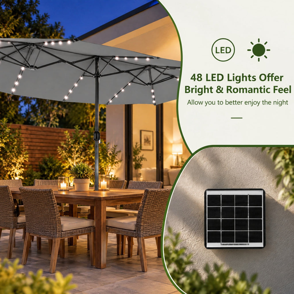 AIRFIND Patio Umbrella with 48 Solar LED Lights, 15 ft Double-Sided Canopy, Hand Crank and 12 Steel Ribs, Base Sold Separately, Gray