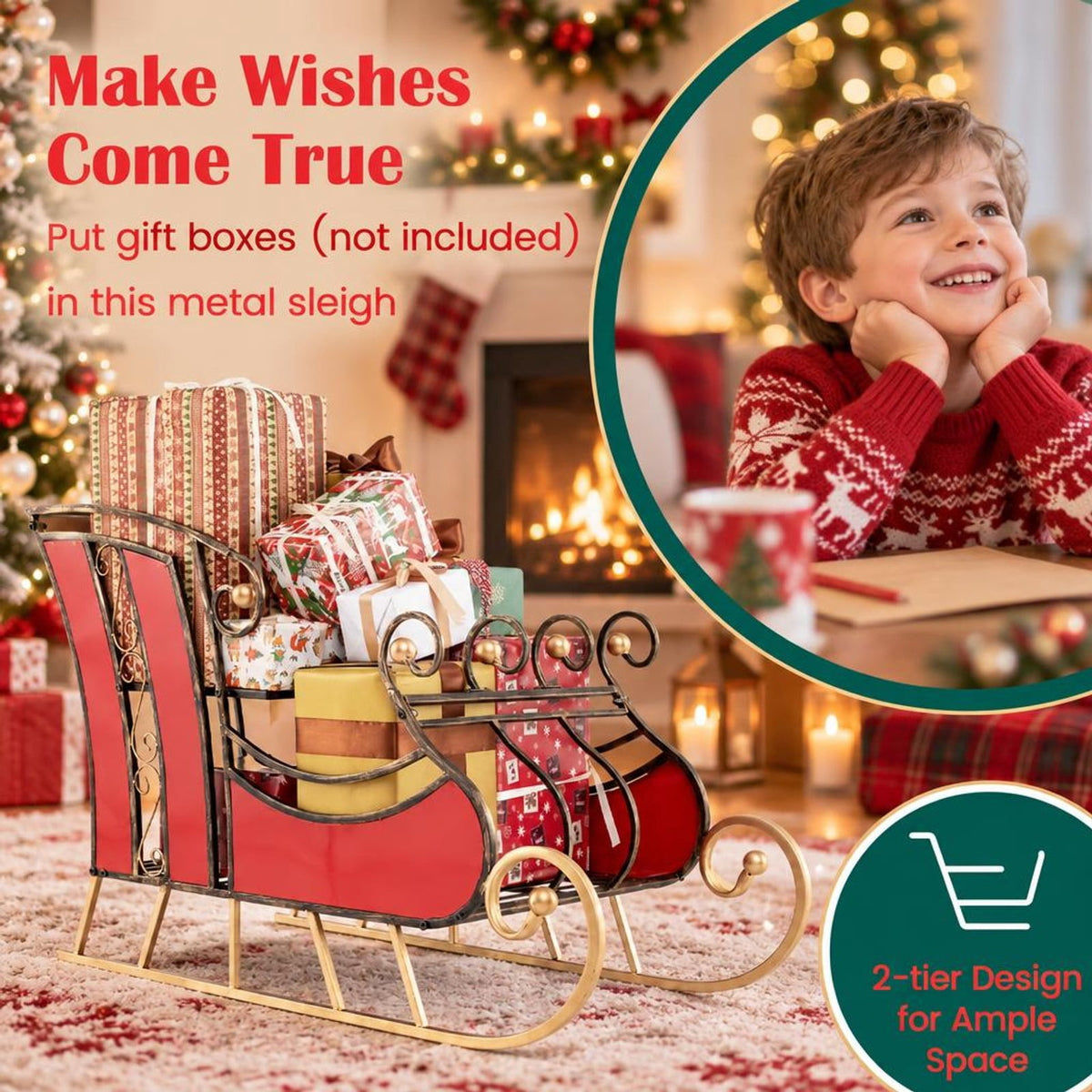 Airfind 3 FT Christmas Metal Sleigh Decoration Santa Sleigh with 2, 37 x 16 x 23Net Weight 17 lbsWeight Footprint