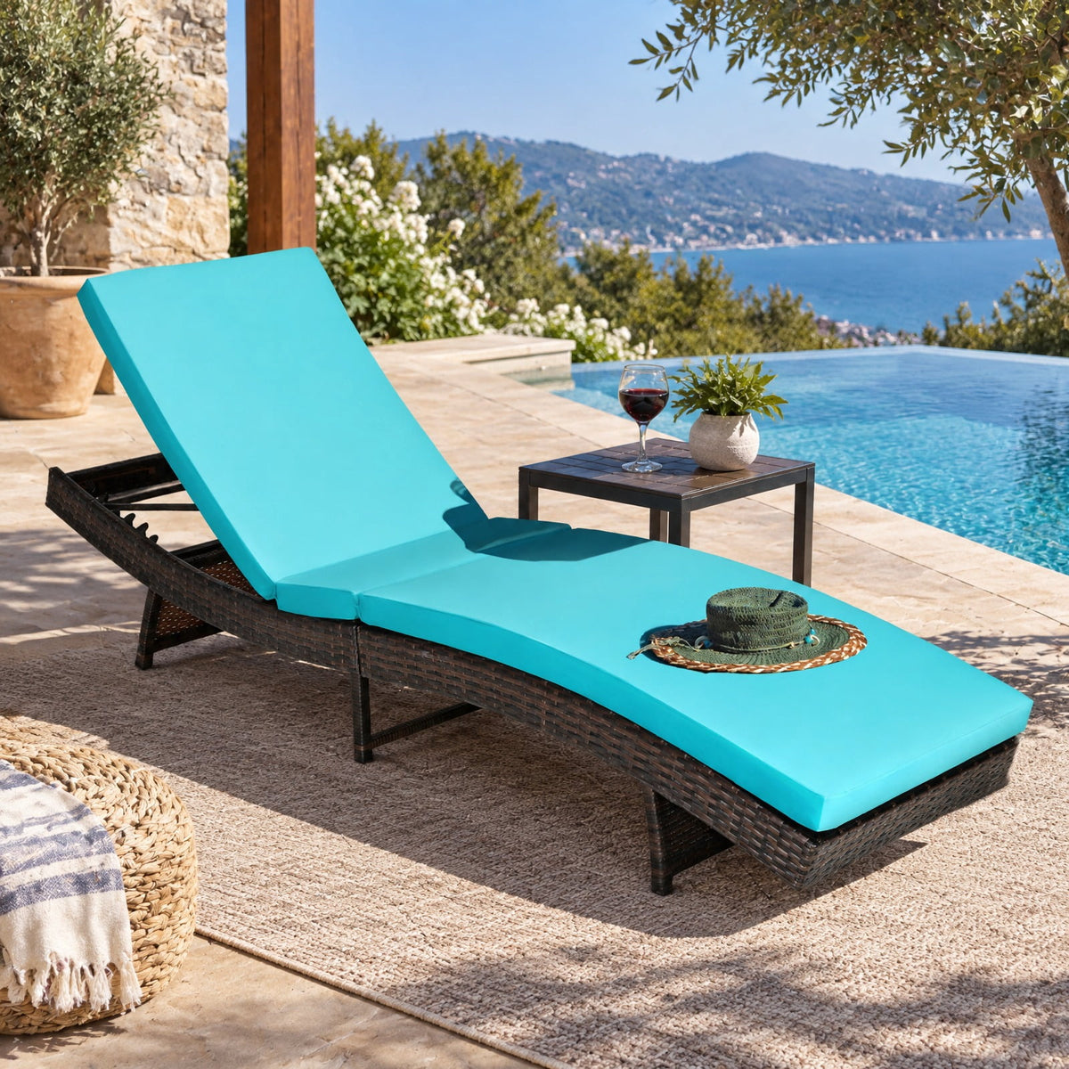 Airfind Patio Folding Adjustable Rattan Chaise Lounge Chair with Cushion, PE rattan steel non-woven fabric D Frame, 83 x 24 x 16-38 Footprint