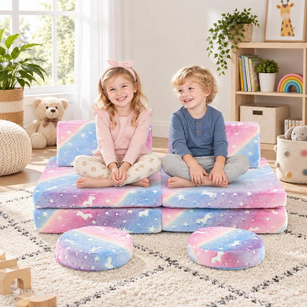 Airfind Play Couch Set, Modular Youth, Glow in the Dark with Portable Handles, Flannel Fabric Sponge Frame, for 3+ Years Old, Natural