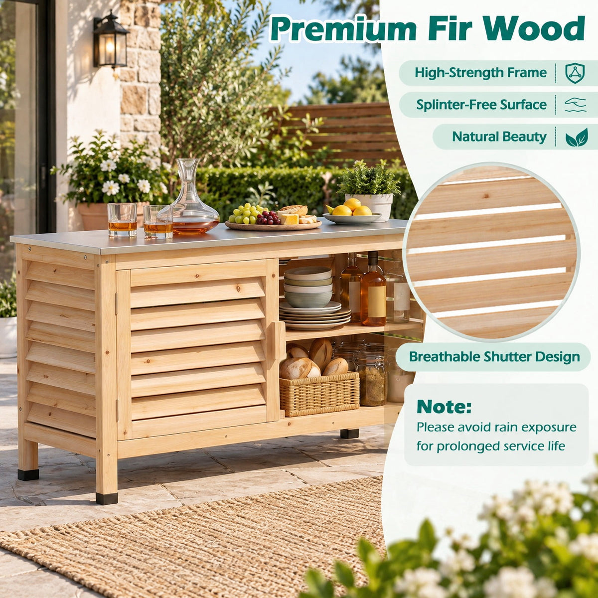 Airfind Patio Storage Cabinet with Stainless Steel Countertop and L-Shaped Shelf for Garden, 66 lbs Capacity, Fir Wood Stainless Steel Rubber Frame