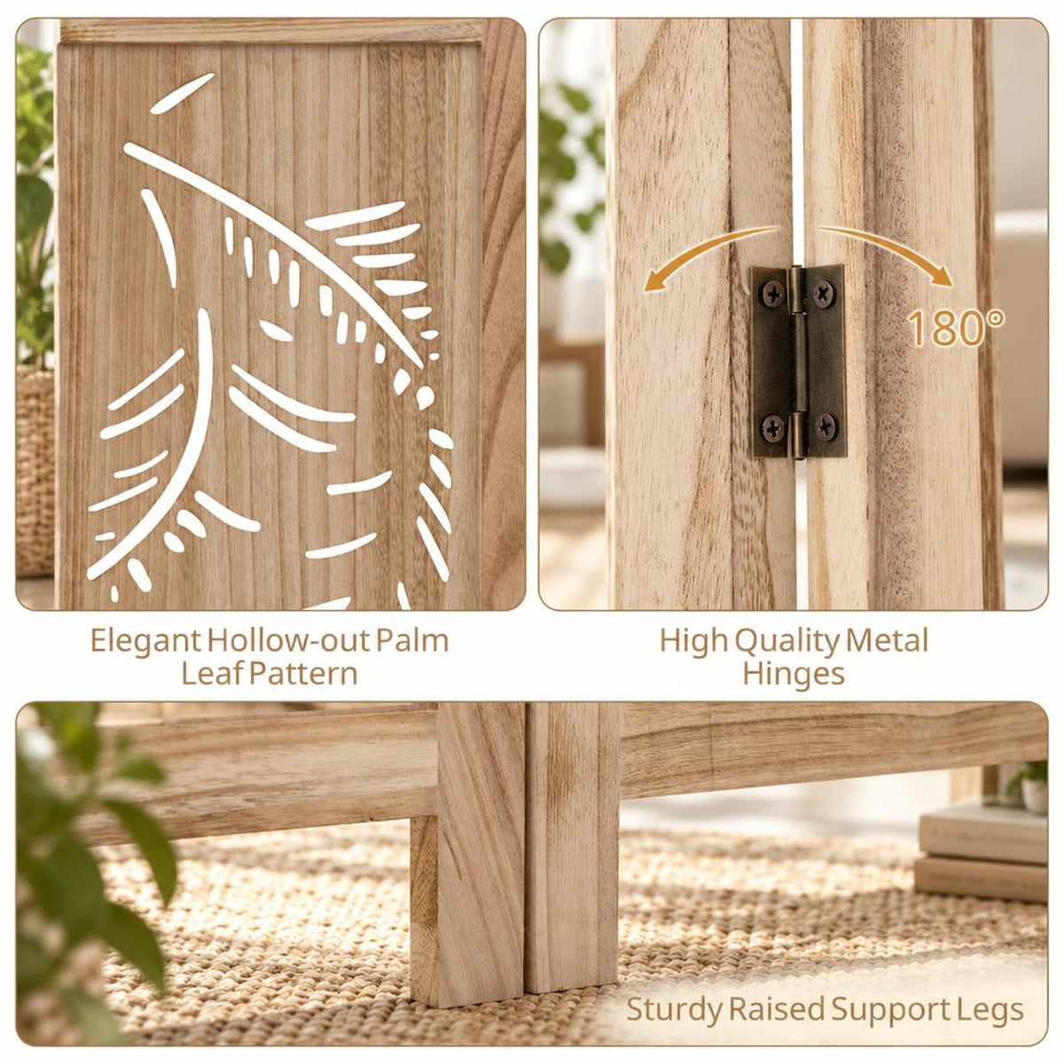 Airfind 4-Panel Wooden Room Divider with Palm Leaf Design and Paulownia Frame for Home, 67in x 16in x 3.5in Footprint, Natural