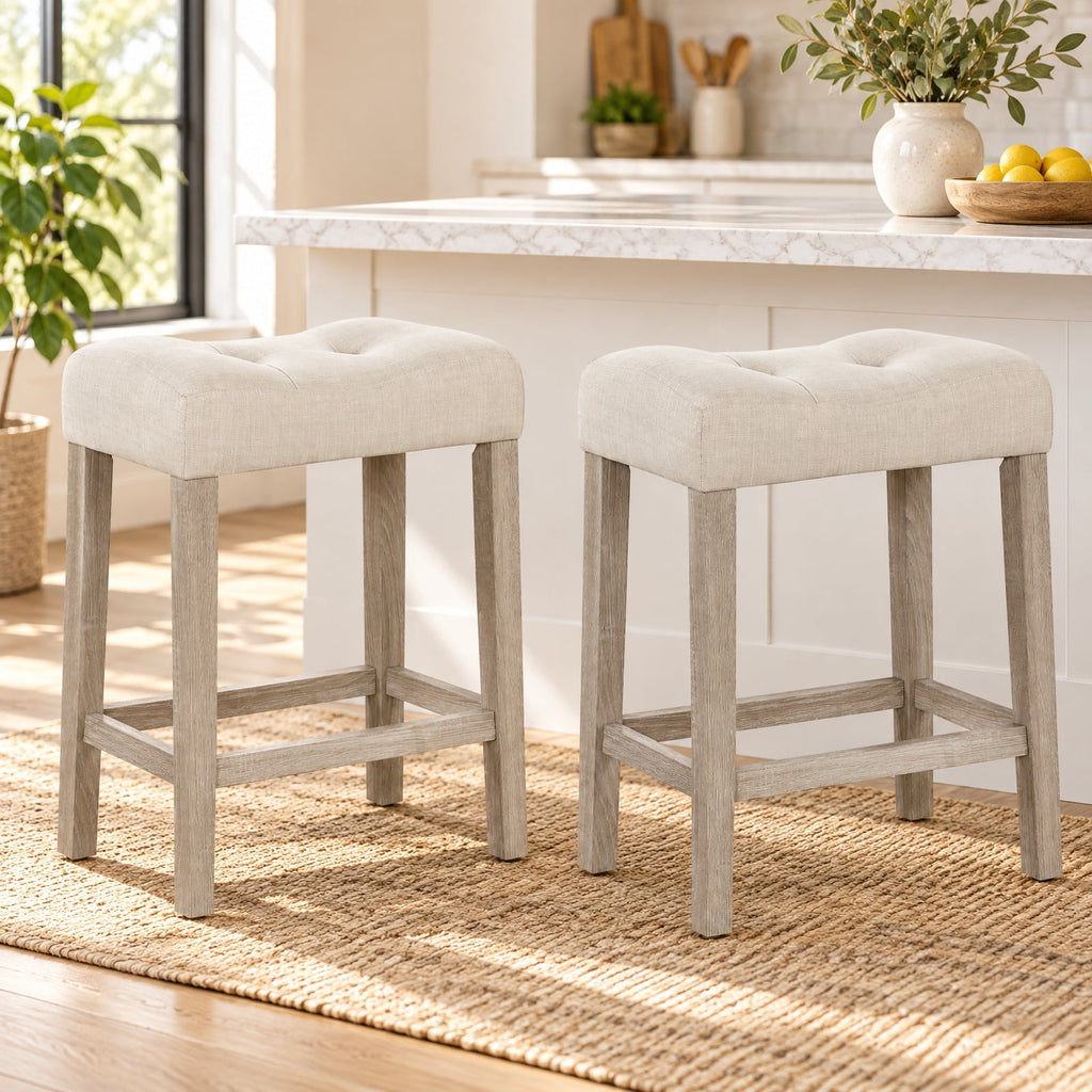 Airfind Set of 2 Upholstered Counter Height Bar Stool with Curved Saddle-Seat, 330 lbs Capacity, Rubber Wood MDF Fabric Sponge Frame, Brown