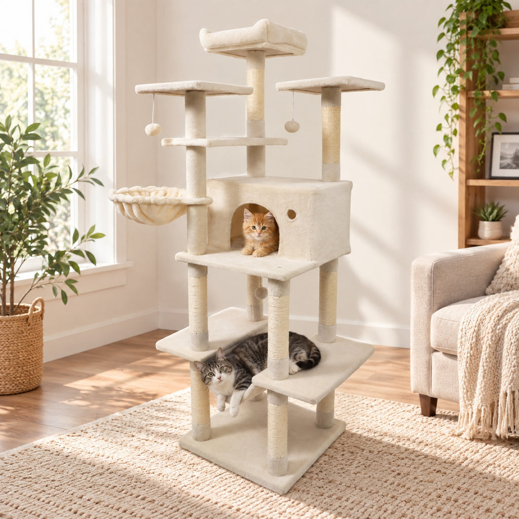 Airfind Large Cat Tree for Indoor Cats 63 Inch Tall Cat Tower, Plush Fabric Sisal Engineered Wood Base Frame, Beige