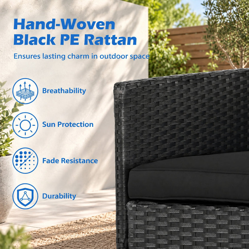 Airfind Patio Loveseat with Built-in Table for Backyard Porch, 400 lbs Capacity, PE Rattan Metal Polyester Sponge Tempered Glass Frame, Black