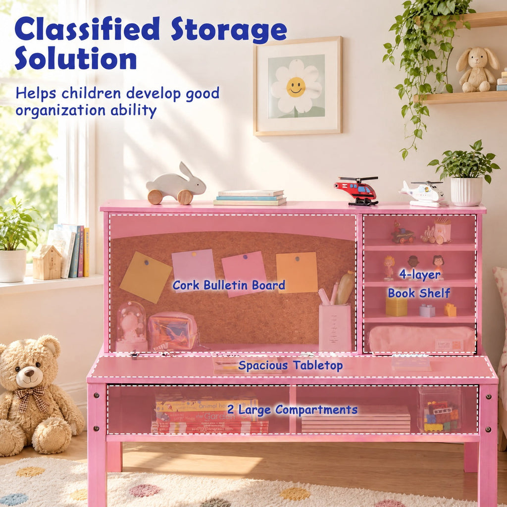 Airfind Kids Desk and Chair Set with Hutch and Bulletin Board for 3+ Kids, MDF Pine Wood Frame, 31 x 15.5 x 33.5 Footprint, Pink