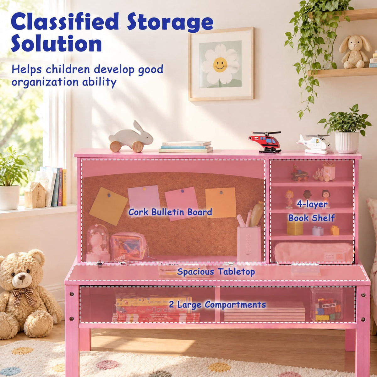 Airfind Kids Desk and Chair Set with Hutch and Bulletin Board for 3+ Kids, MDF Pine Wood Frame, 31 x 15.5 x 33.5 Footprint, Pink