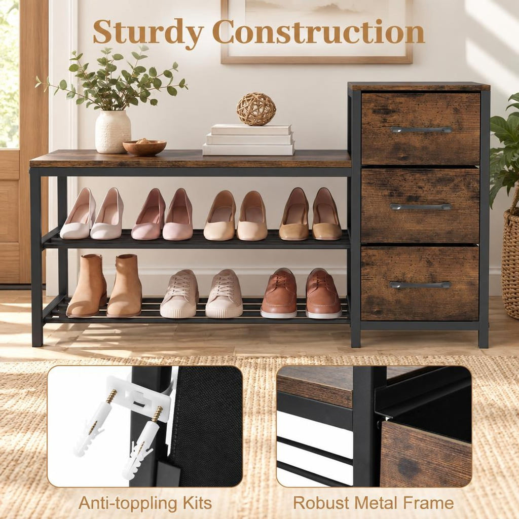 Airfind 3-Tier Industrial Shoe Bench with 3 Removable Fabric Drawers and Anti-toppling Kits, 209 lbs Capacity, Engineered Wood Frame, Brown
