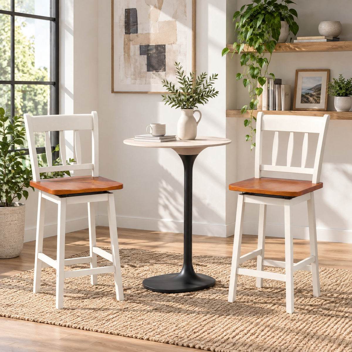 Airfind 24.5 Inches Set of 2 Swivel Bar Stools with 360° Swiveling, Rubber wood metal Frame, White, Product dimension 16 Inch x 18 Inch x 38.5 Inch (L x
