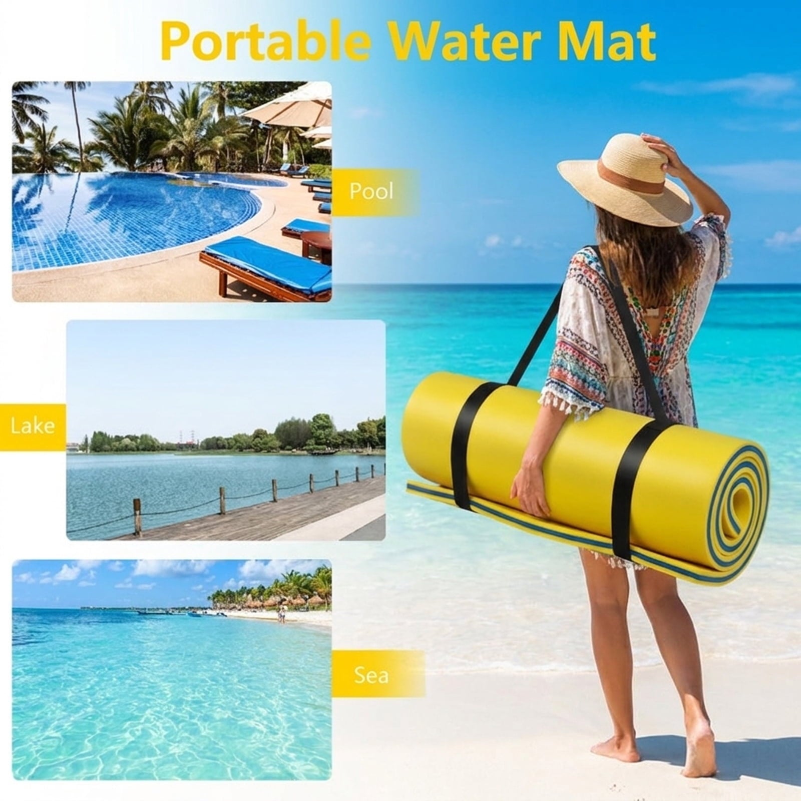 Airfind Triple-Layer Lake Float Pad with Roll-Up Storage, Yellow