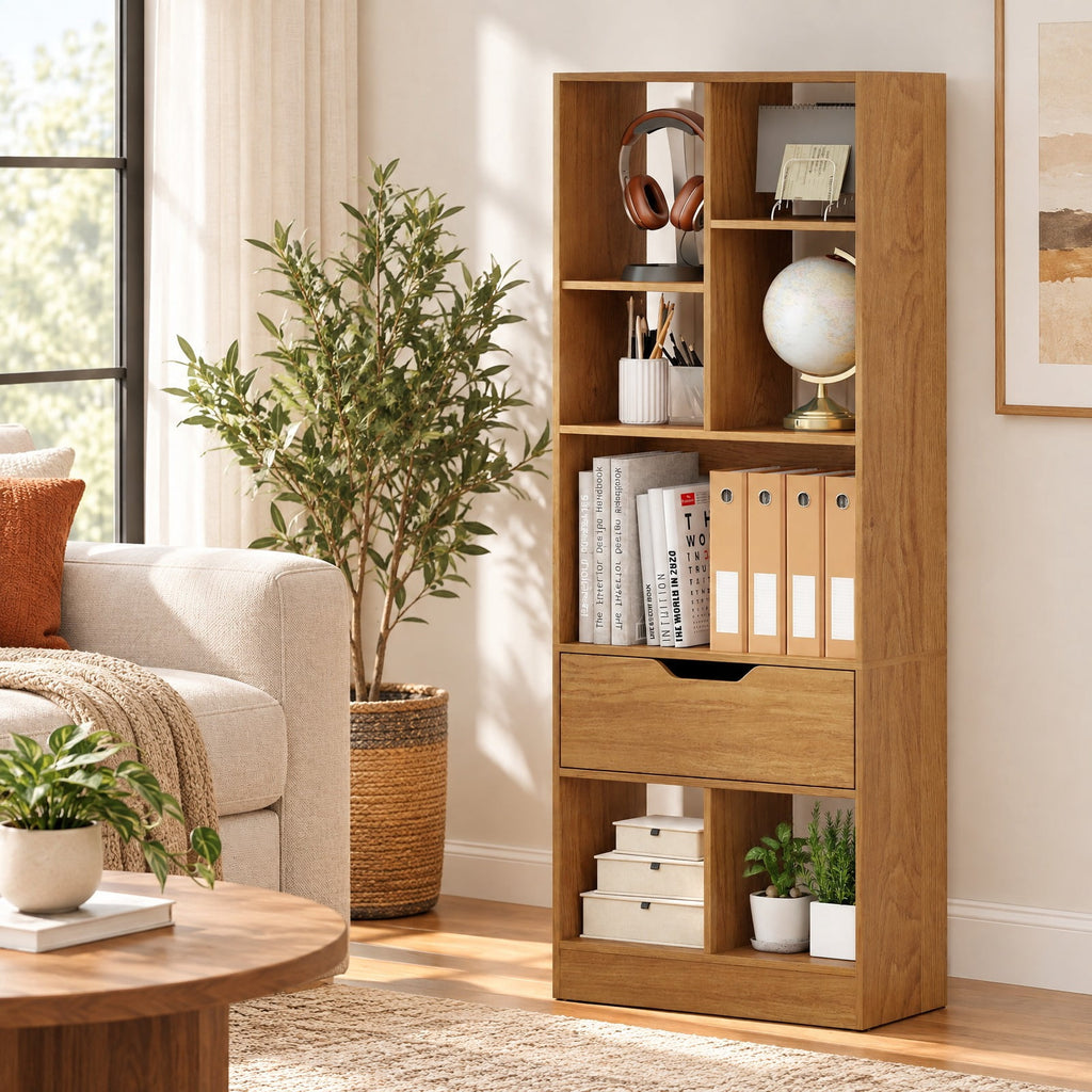 Airfind 51inch Tall Freestanding Bookcase with Drawer 7-Cube Storage Organizer, 165 lbs Capacity, Engineered Wood MDF Frame, Natural