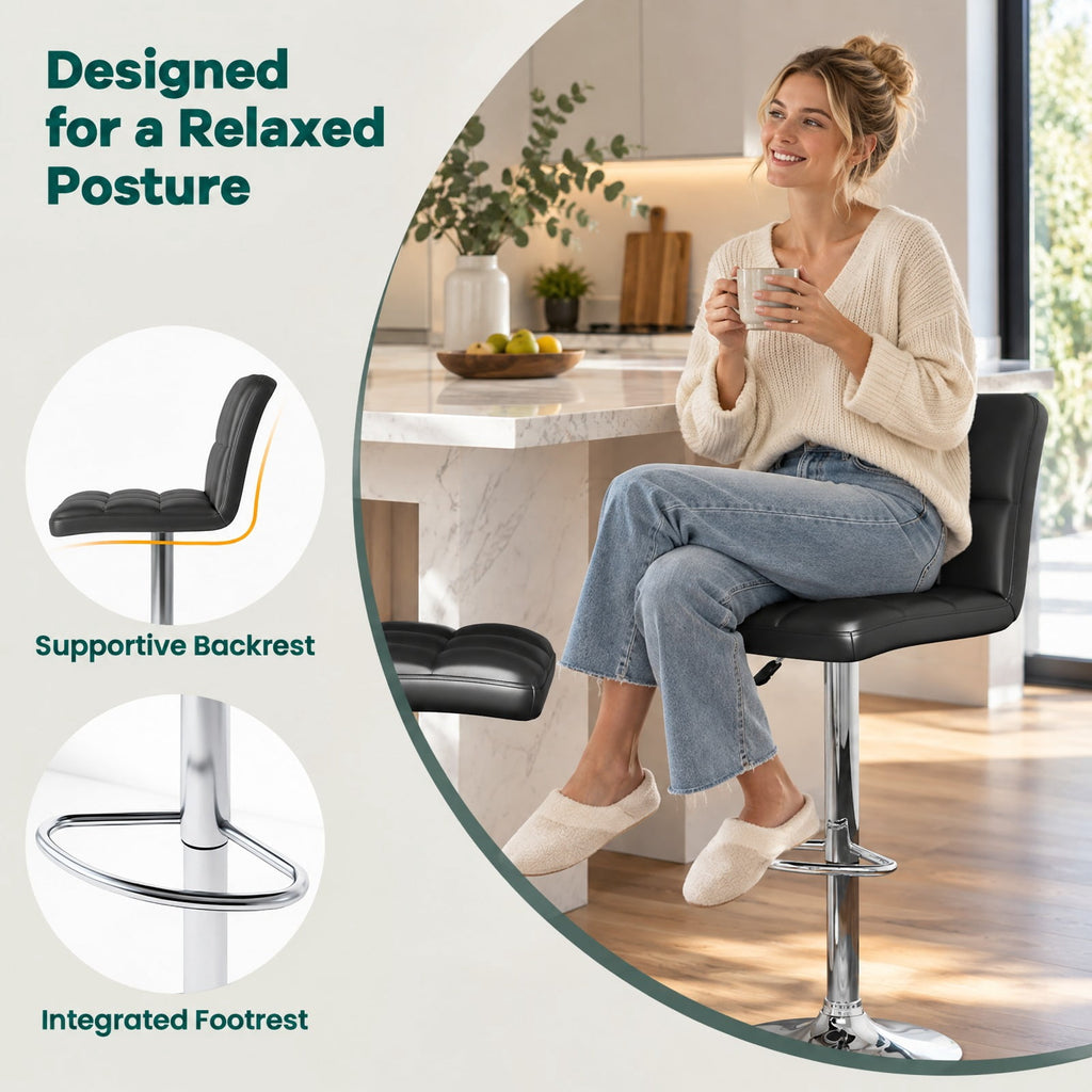 Airfind Set of 2 Square Swivel Adjustable PU Leather Bar Stools with Back and Footrest, 250 lbs Capacity, PU leather steel sponge Frame, Black