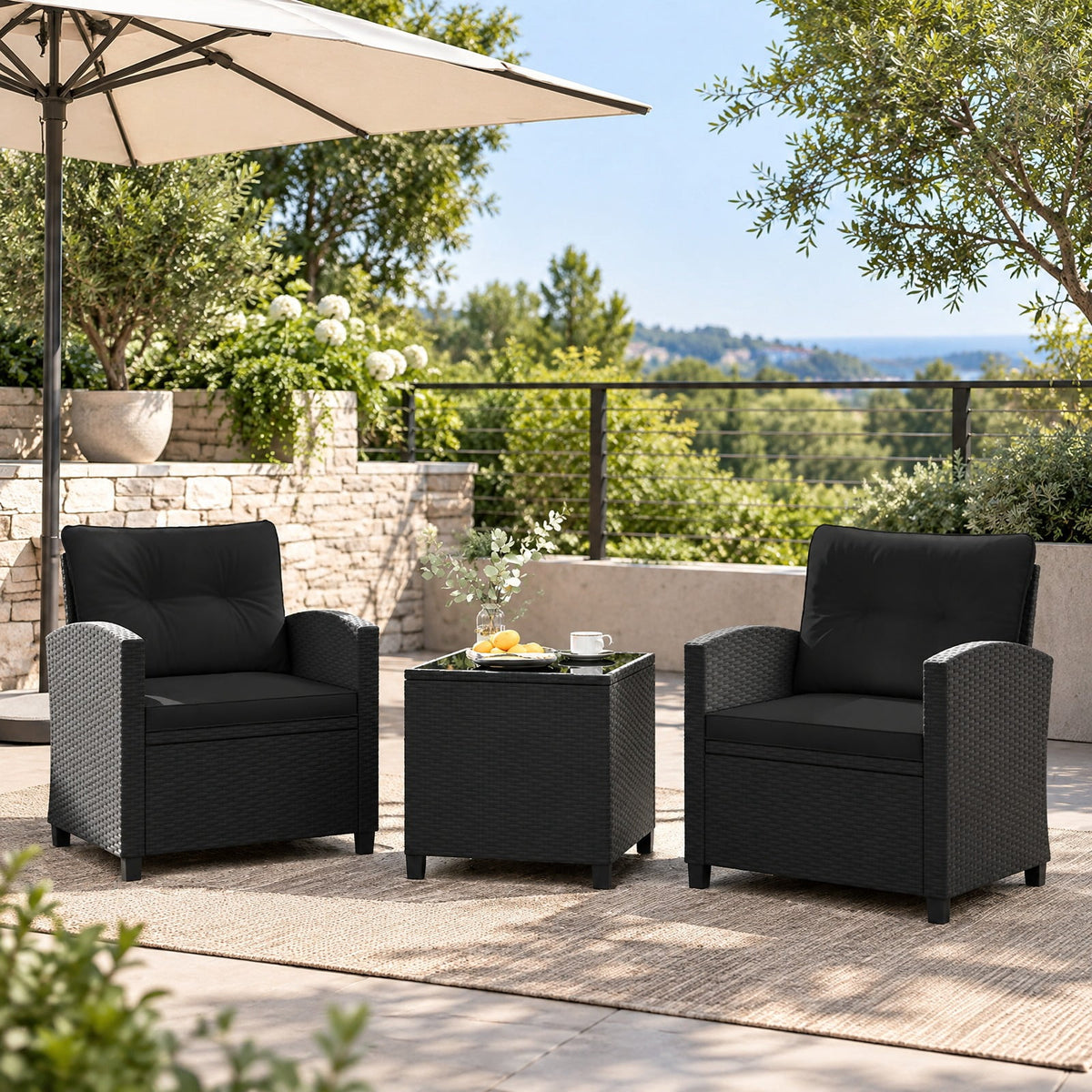 Airfind 3 Pieces Patio Furniture Set with Tempered Glass Coffee Table, 400 lbs Capacity, PE Rattan Metal Tempered Glass Polyester Sponge Frame