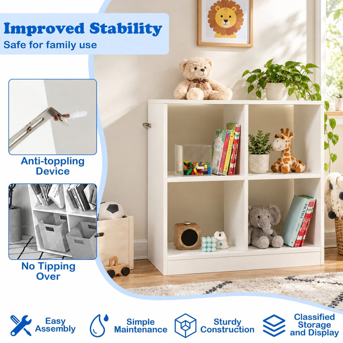 Airfind 4-Cube Kids Bookcase with Open Shelves, 60 lbs Capacity, Engineered wood Frame, 29 Inch x 13 Inch x 29 Inch Footprint, White
