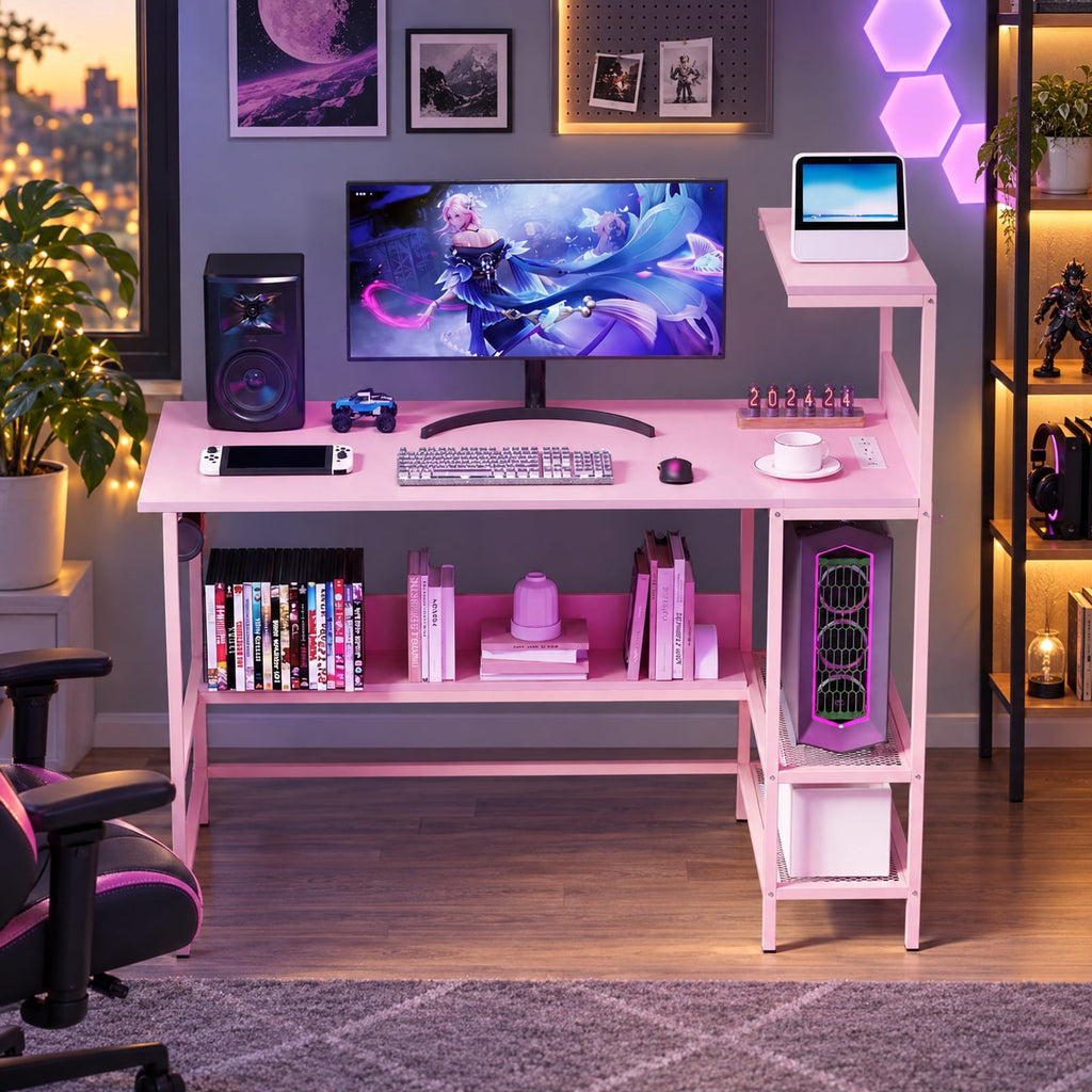 Airfind 48 Inch Computer Desk with Power Outlets and Storage Shelves, 88 lbs Capacity, Engineered Wood Metal Frame, 48 Inch x 23 Inch x 43.5 Inch Footprint