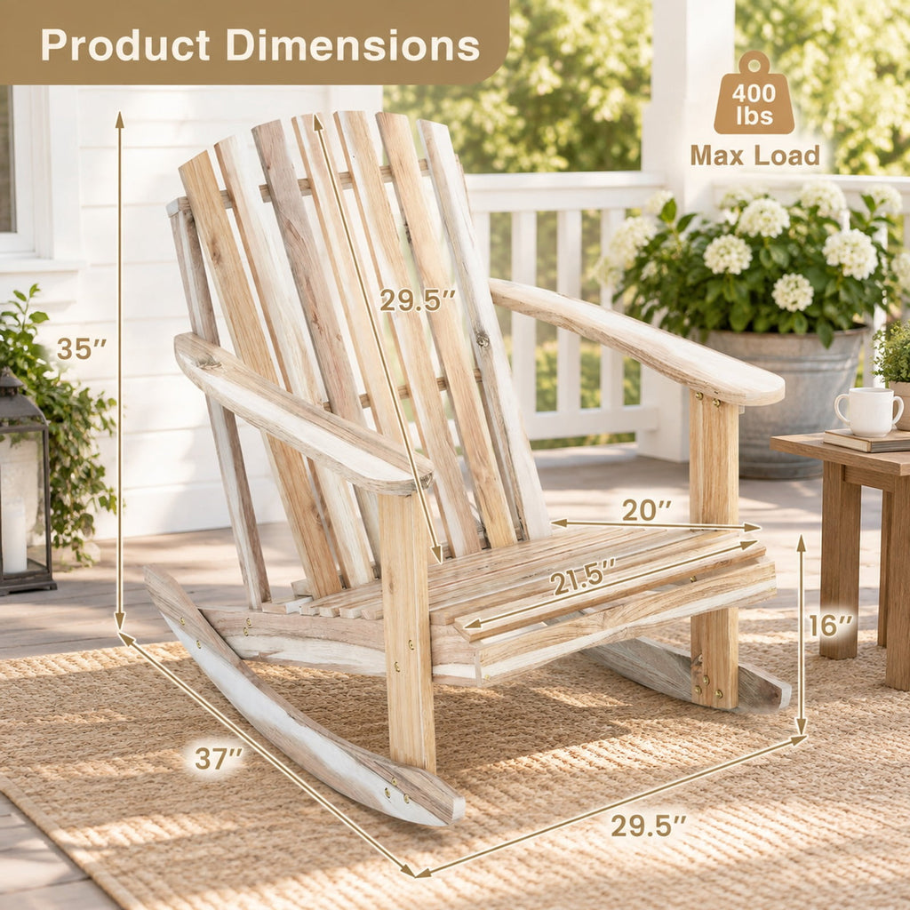 Airfind Adirondack Rocking Chair with Slatted Seat and High Fanned Back, 400 lbs Capacity, Acacia Wood Frame, 37 Inch x 29.5 Inch x 35 Inch Footprint, Natural